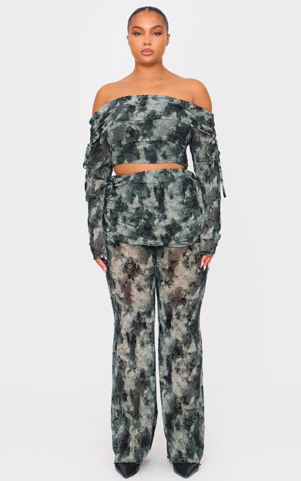 Plus Green Devore Mesh Foldover Slim Flare Pants