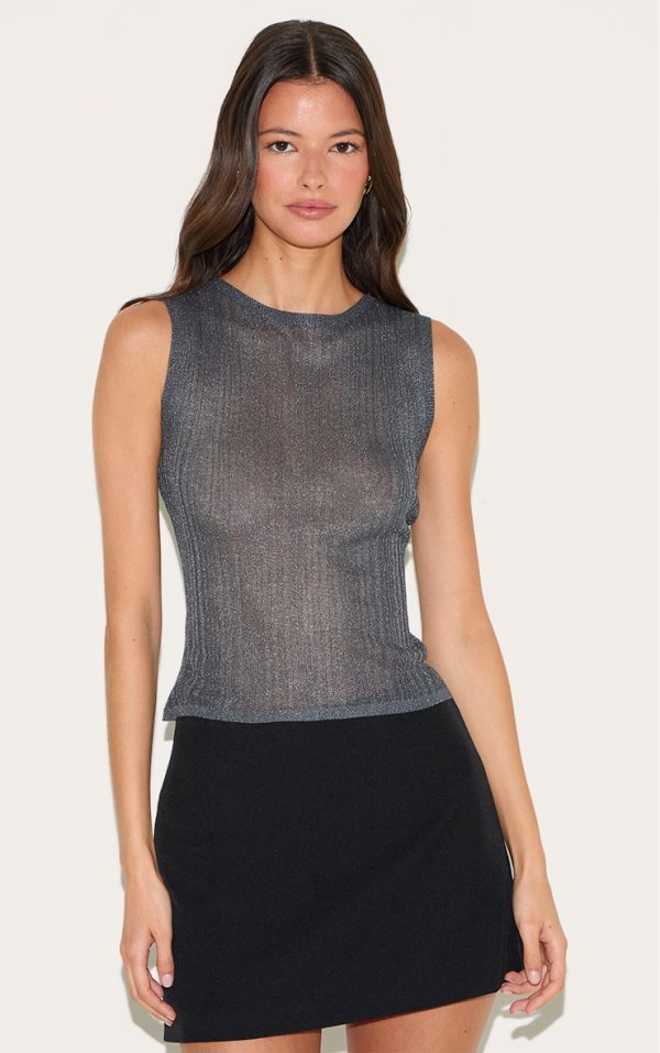 Charcoal Sheer Knit Boat Neck Top
