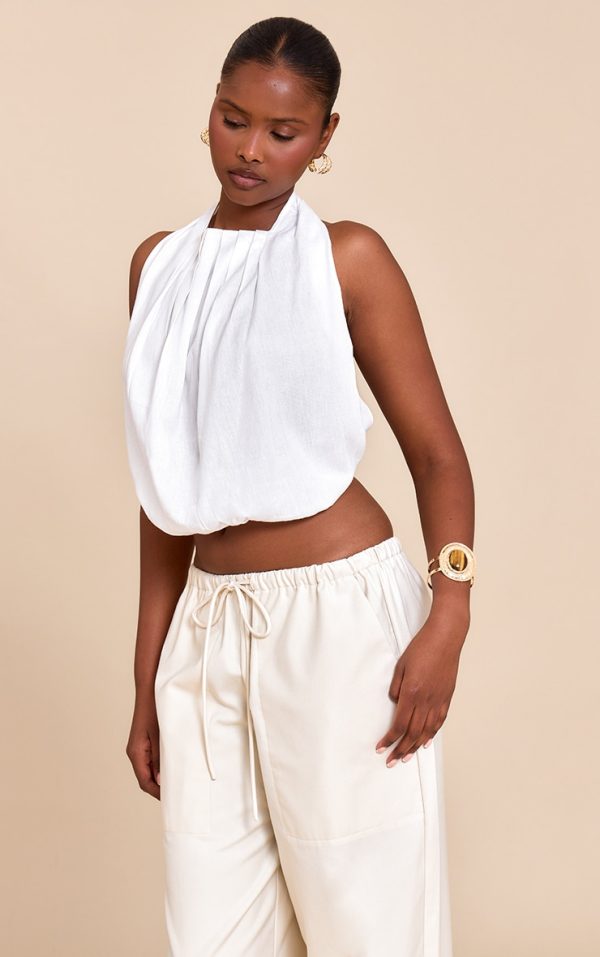 White Linen Blend Highneck Backless Puffball Top