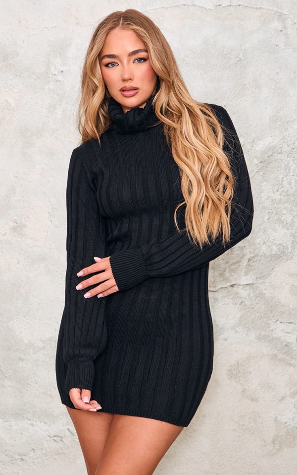 Black Knitted Roll Neck Sweater Dress