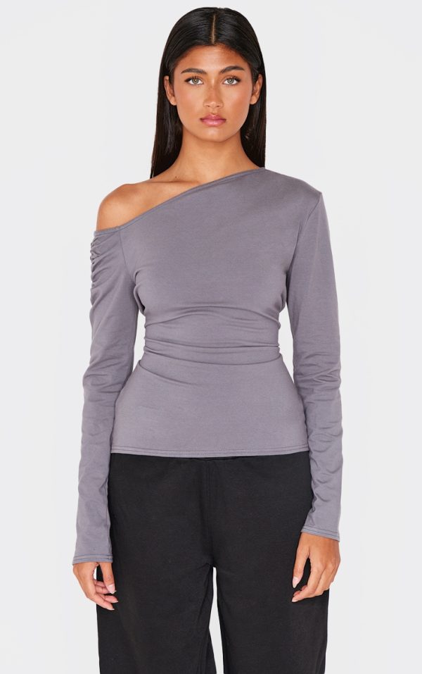 Charcoal Cotton Asymmetric Neckline Long Sleeve Top
