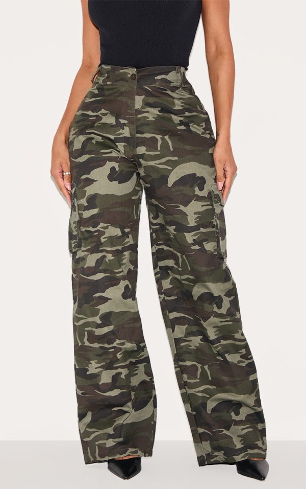 Shape Khaki Camo Print Pocket Detail Wide Leg Cargo Pants