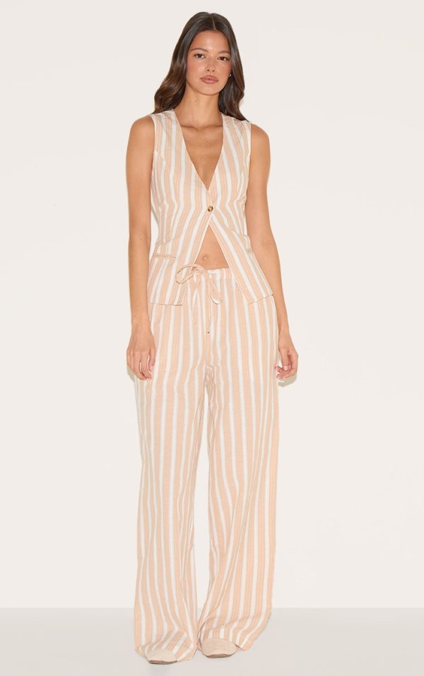 Peach Striped Drawstring Wide Pants