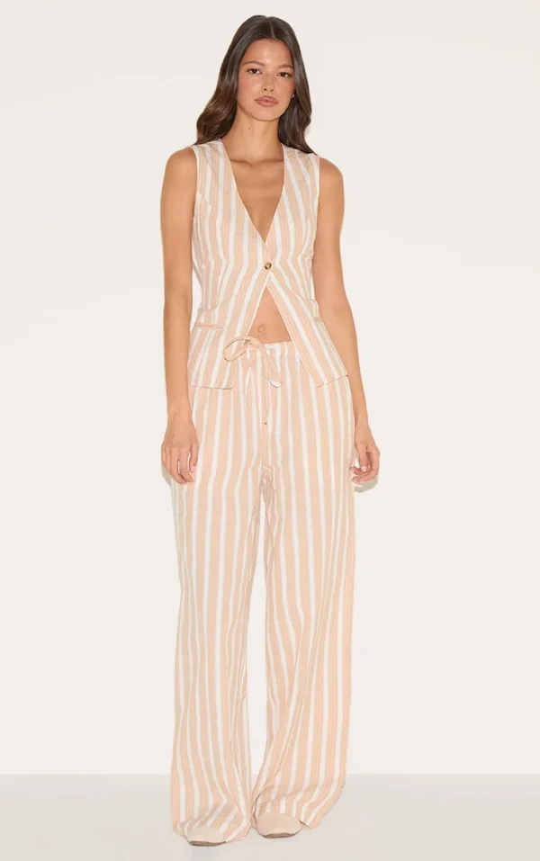 Peach Striped Drawstring Wide Pants