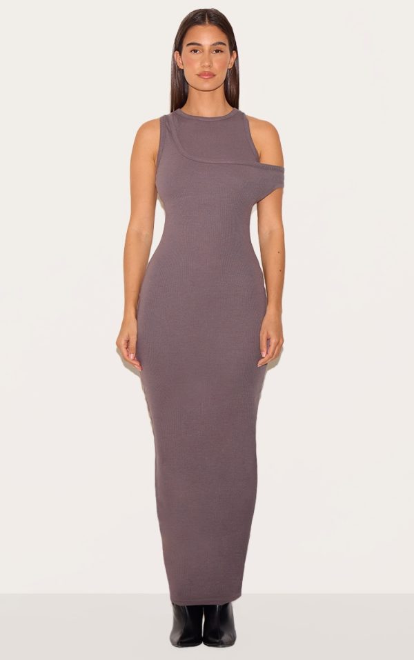 Dark Grey Asymmetric Ribbed Maxi Dress
