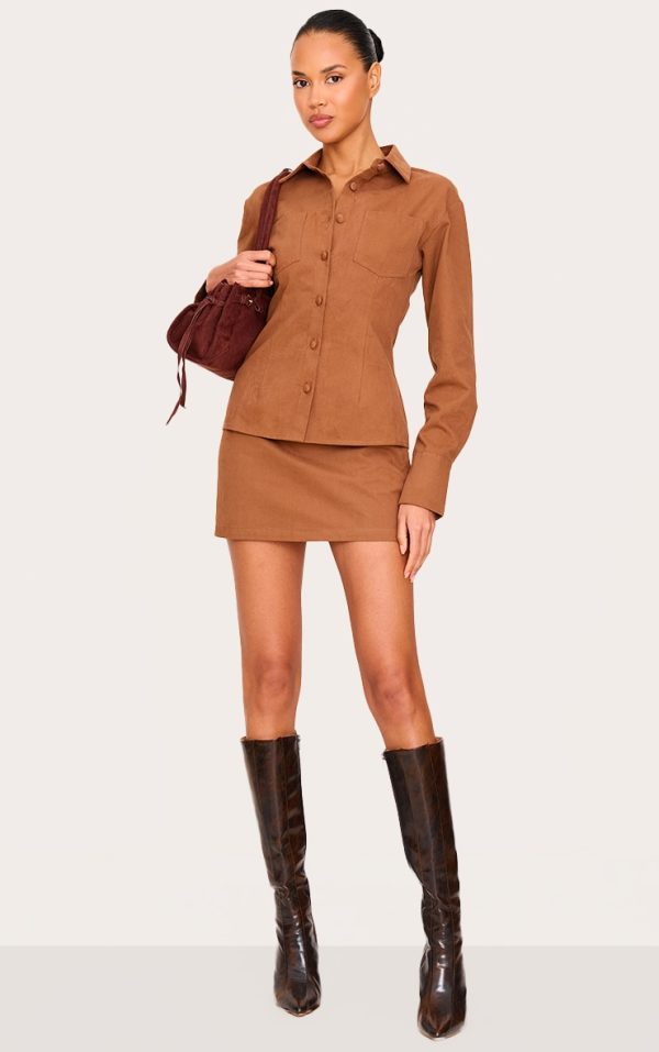 Tan Twill Mid Rise Mini Skirt