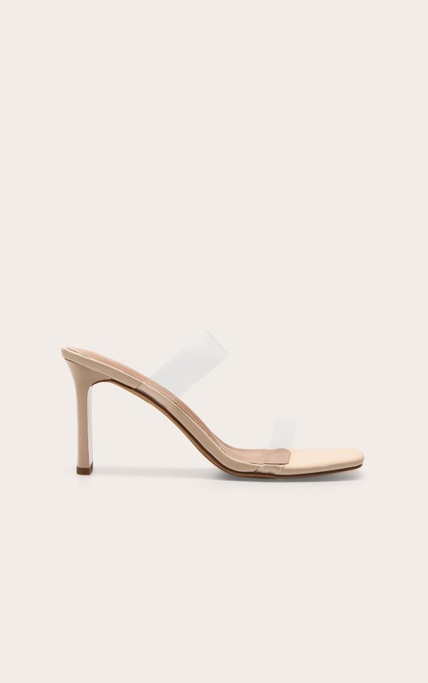 Nude Pu Square Toe Perspex Straps High Thin Block Heeled Mules