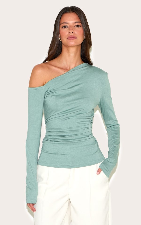 Sage Green Soft Cotton Asymmetric Ruched Long Sleeve Top