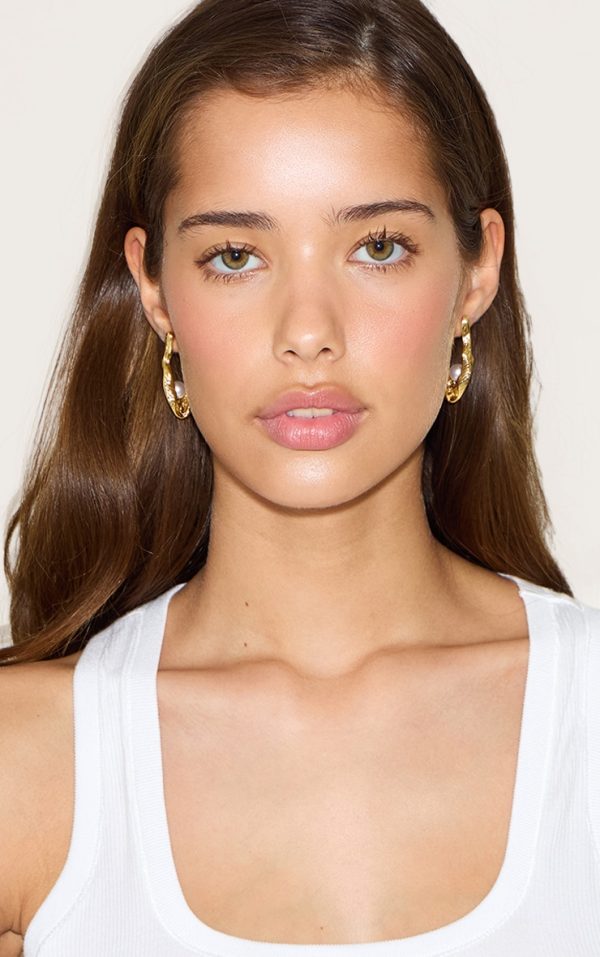 Gold Plated Textured Hoop with Pearl Detail
