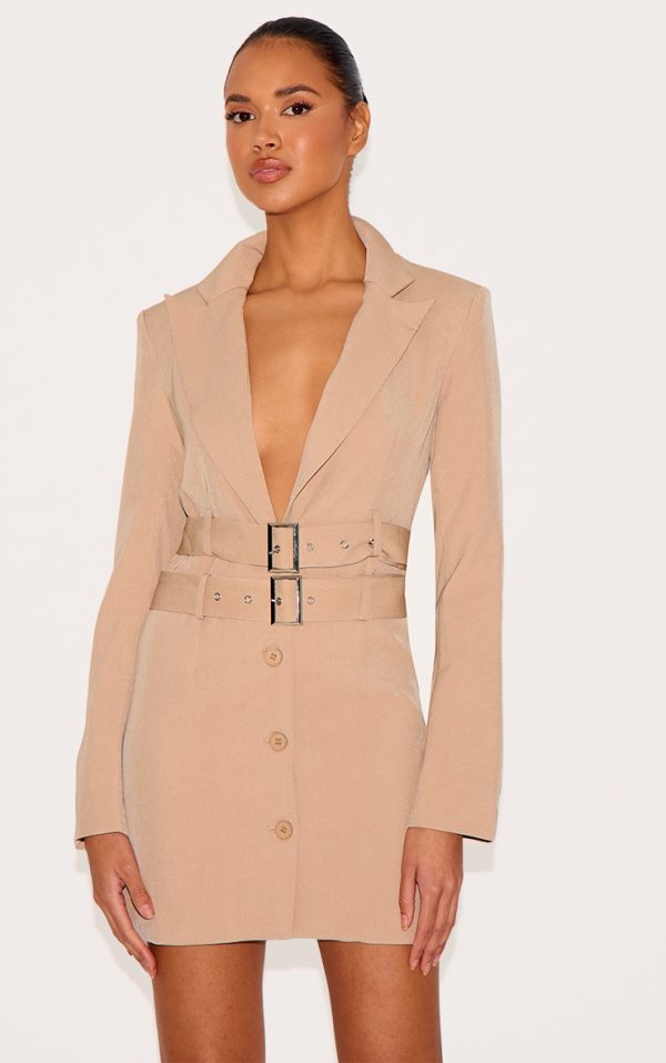 Stone Tailored Woven Double Belted Blazer Dress