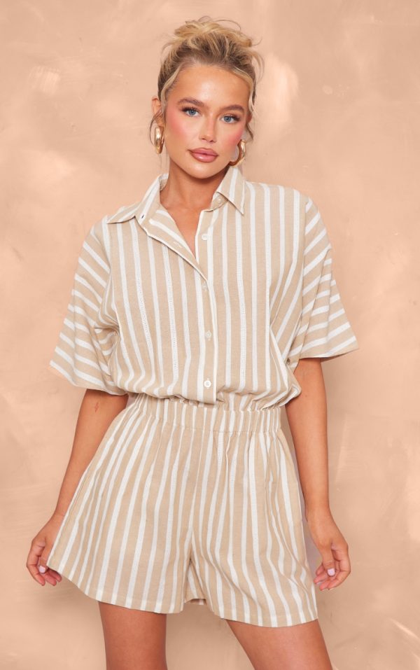 Stone Linen Look Pinstripe Button Up Shirt Detail Romper