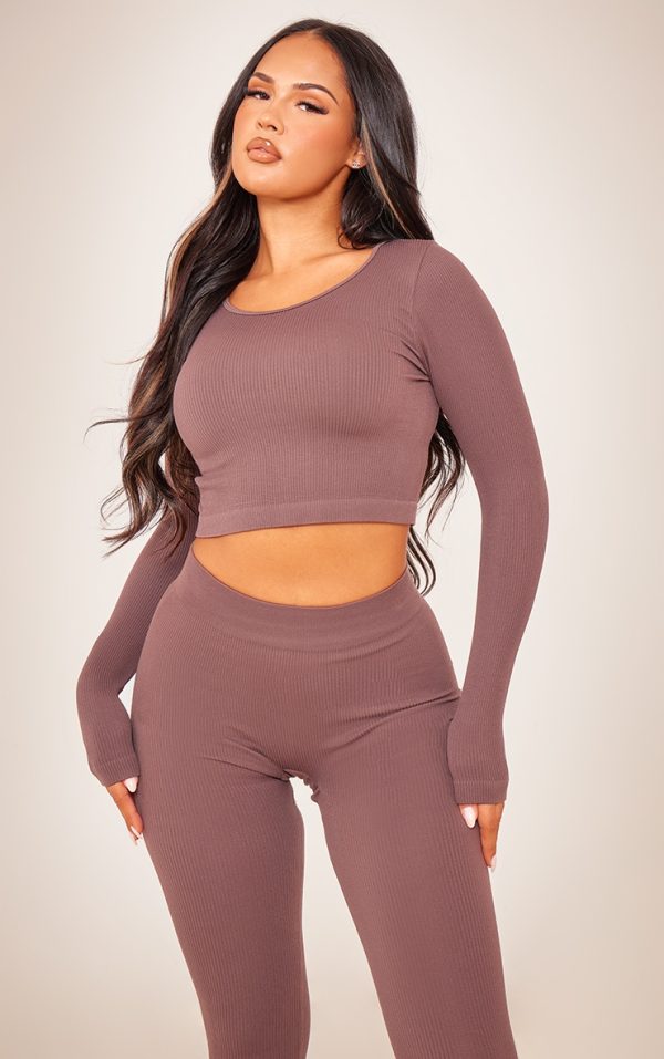 Coffee Structured Snatched Ribbed Long Sleeve Crop Top