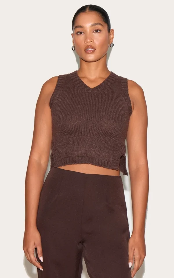 Deep Chocolate Knitted Ribbed Detail Vest
