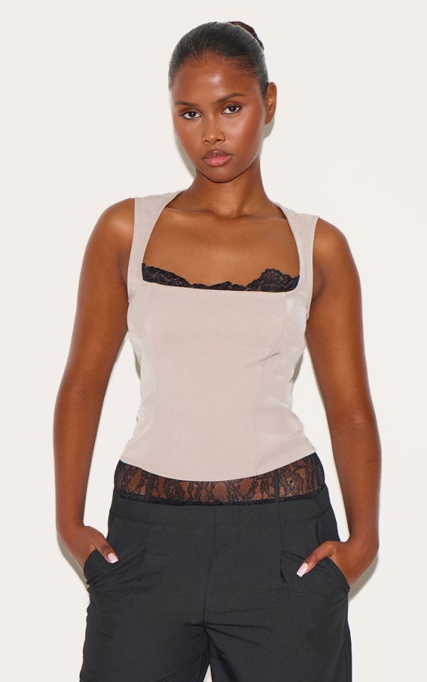 Taupe Lace Detail Square Neck Woven Top