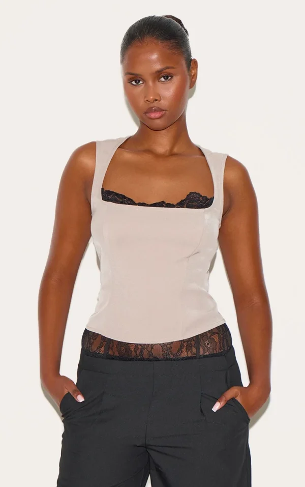 Taupe Lace Detail Square Neck Woven Top