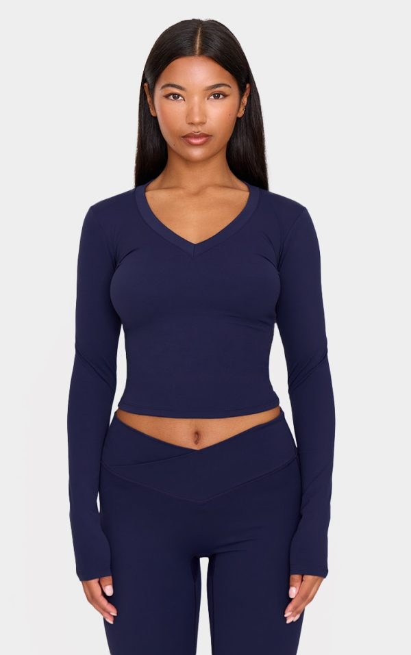 Navy Sculpt V Neck Long Sleeve Top