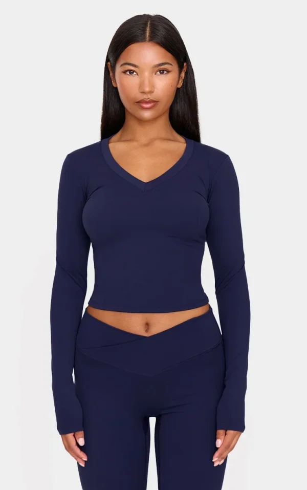 Navy Sculpt V Neck Long Sleeve Top