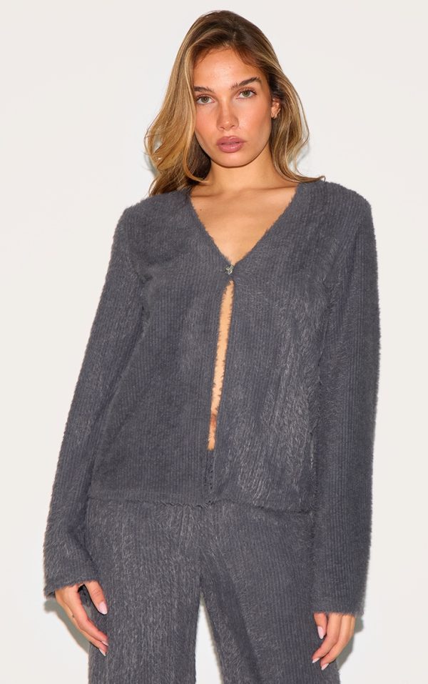 Charcoal Textured V Neck Button Cardigan