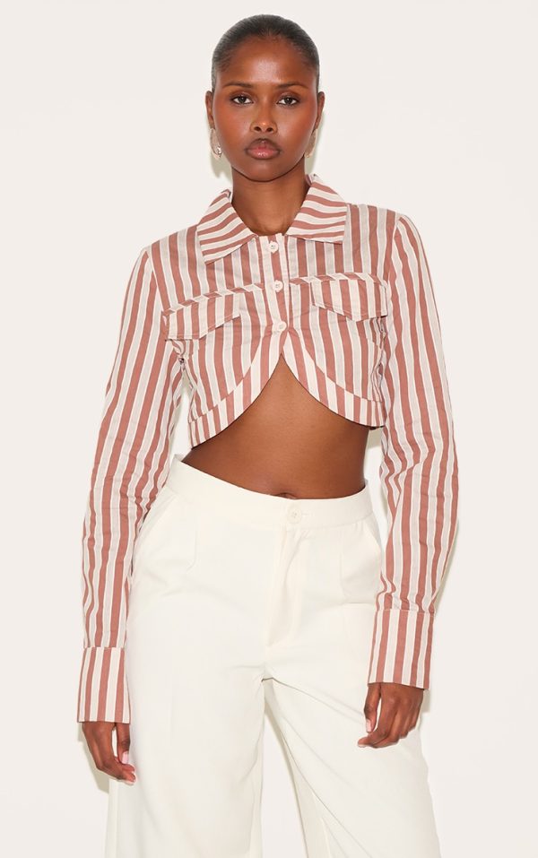 Brown Striped Curved Hem Cropped Shirt