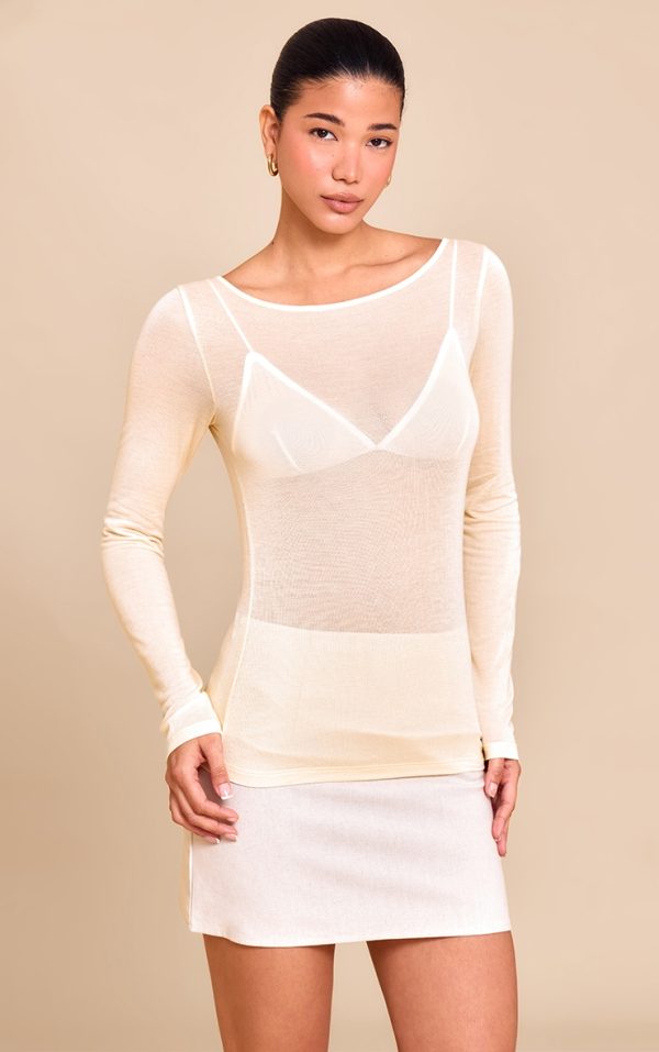 Butter Yellow Sheer Soft Touch Crew Neck Long Sleeve Top