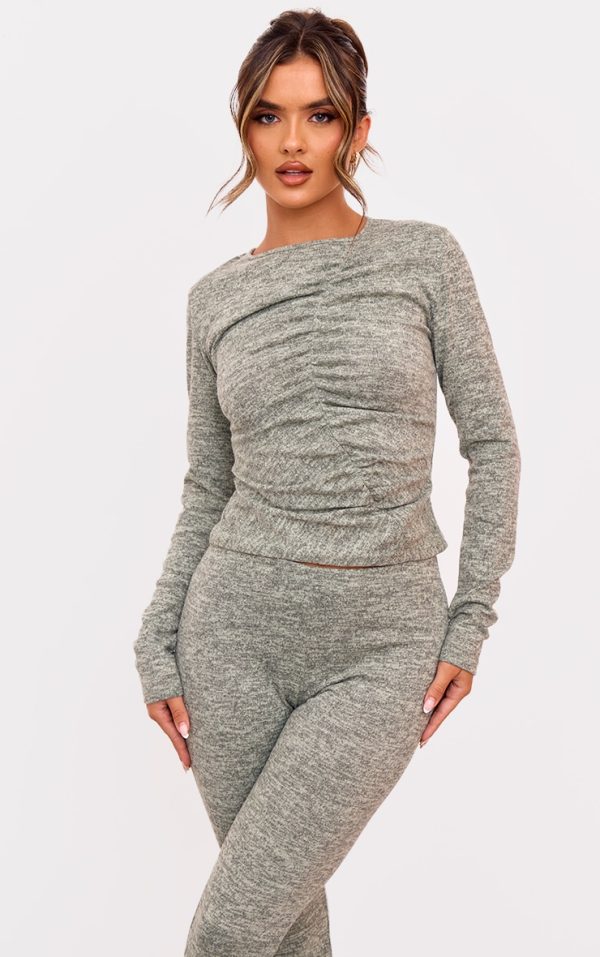 Sage Green Textured Marl Ruched Front Long Sleeve Top