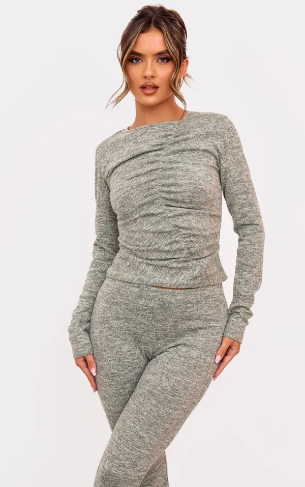 Sage Green Textured Marl Ruched Front Long Sleeve Top