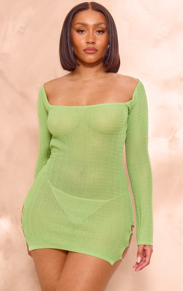 Shape Sage Green Knit Sheer Cut Out Long Sleeve Bodycon Dress