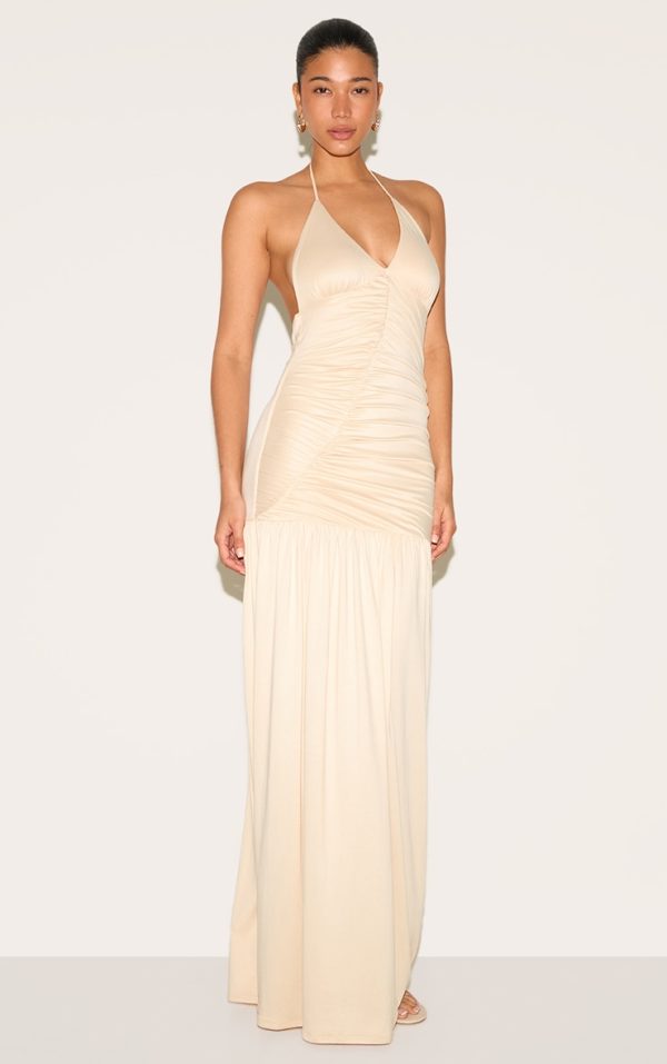 Almond Double Layer Soft Touch Shift Hem Maxi Dress