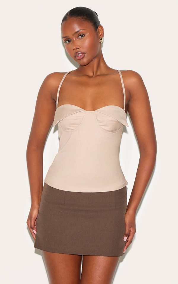 Mushroom Woven Bust Detail Cross Strap Long Top
