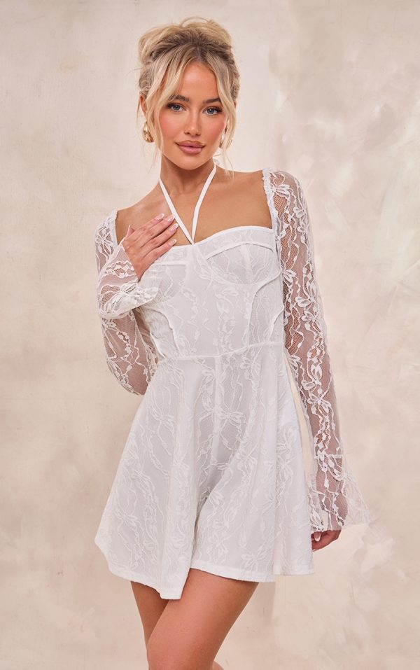 White Floral Mesh Long Sleeve Square Neck Romper