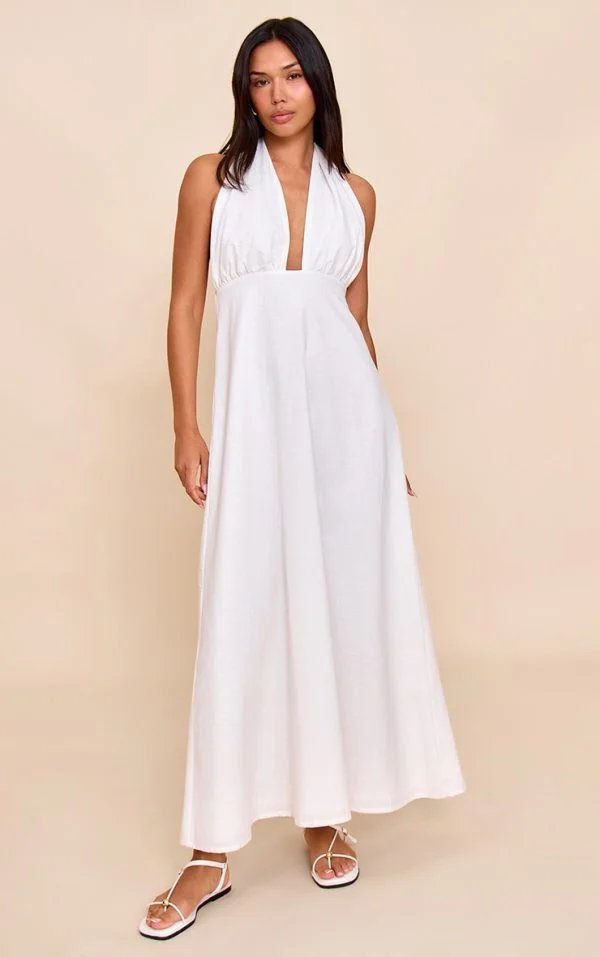 White Plunge Halterneck Maxi Dress
