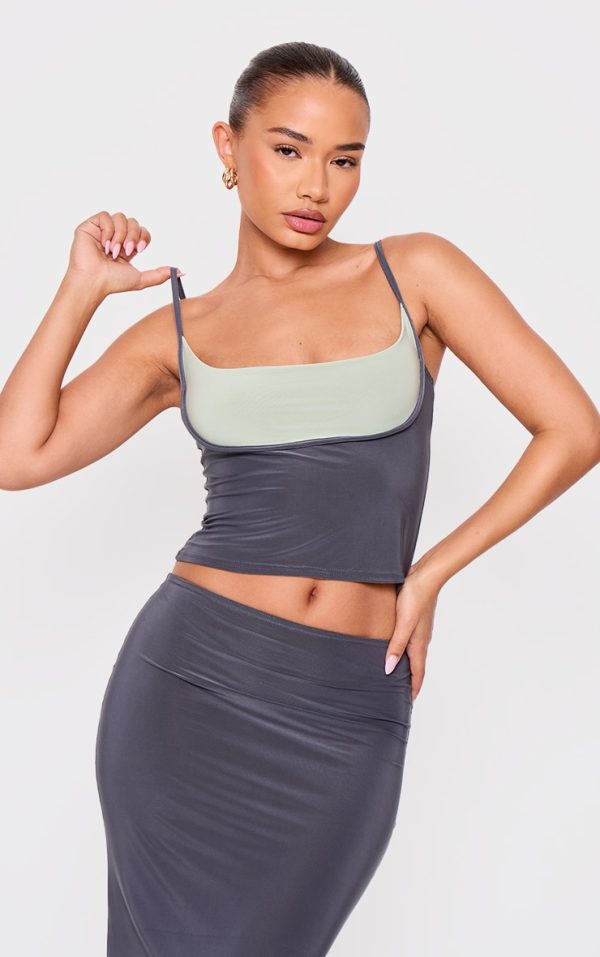 Petite Grey Slinky Contrast Strappy Top