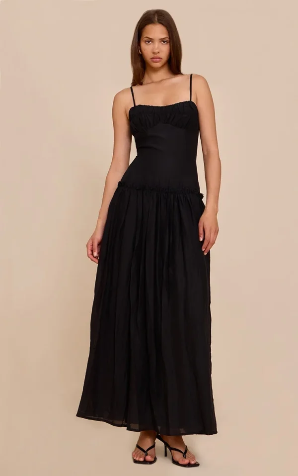 Black Ruched Bust Drop Waist Maxi Dress