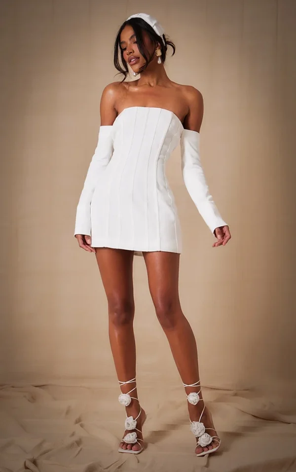 Premium White Woven Bandeau Boned Mini Dress