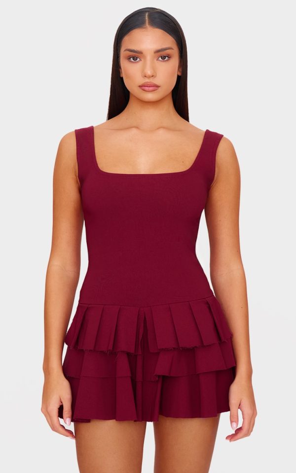 Burgundy Stretch Woven Pleated Skort Romper