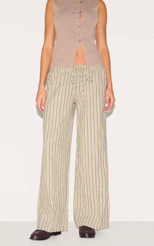Stone Pinstripe Cotton Low Rise Wide Leg Pants