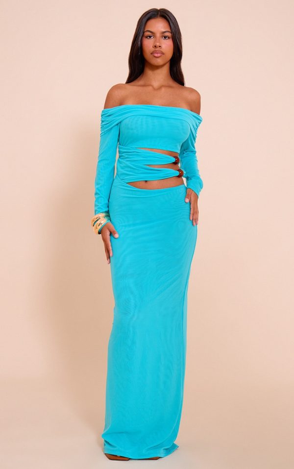 Petite Blue Bead Detail Cut Out Long Sleeve Maxi Dress