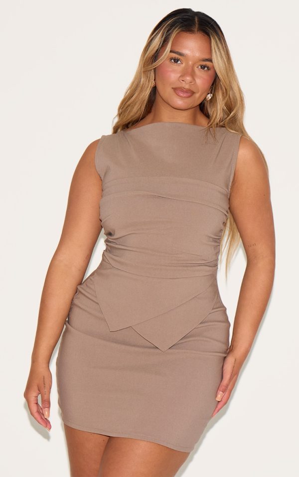 Shape Mocha Stretch Woven Boat Neck Ruched Side Mini Dress