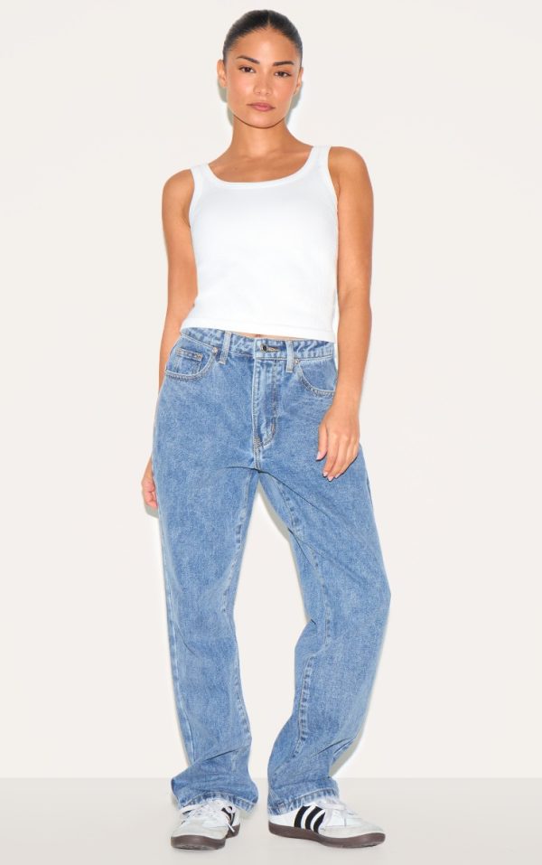 PRETTYLITTLETHING Petite Mid Blue Wash Straight Leg High Waist Jeans