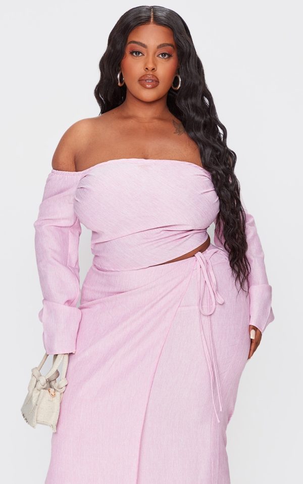 Plus Pink Long Sleeve Bardot Crop Top