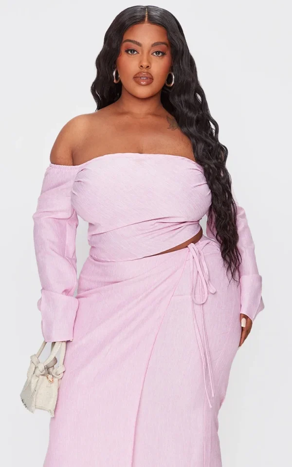 Plus Pink Long Sleeve Bardot Crop Top
