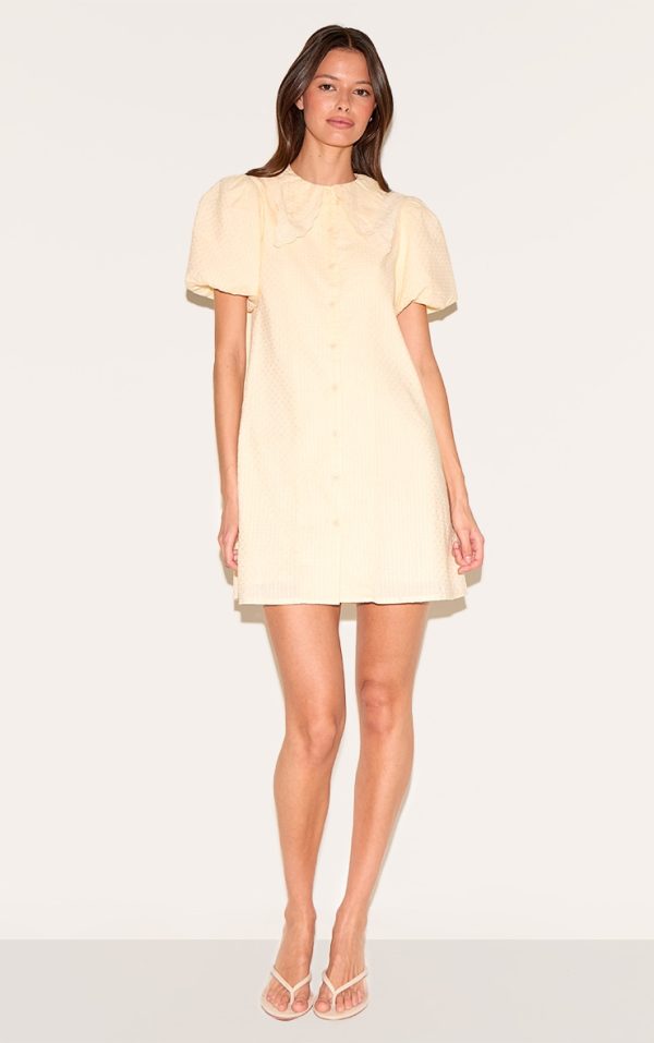 Almond Embroidered Cotton Lace Trim Puff Sleeve Shirt Dress