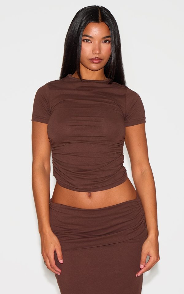 Chocolate Cotton Side Cap Sleeve Ruched Top