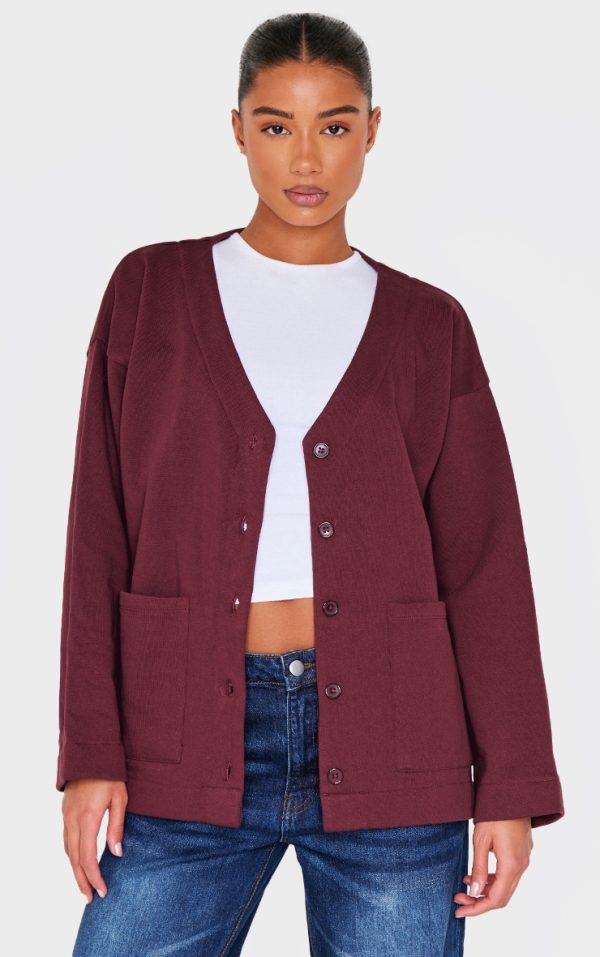 Burgundy Premium Fleeceback Button Front Sweat Cardigan