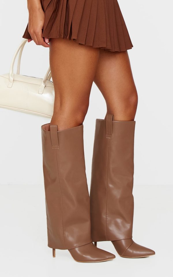 Brown Pu Fold Over Point Toe Heeled Boots
