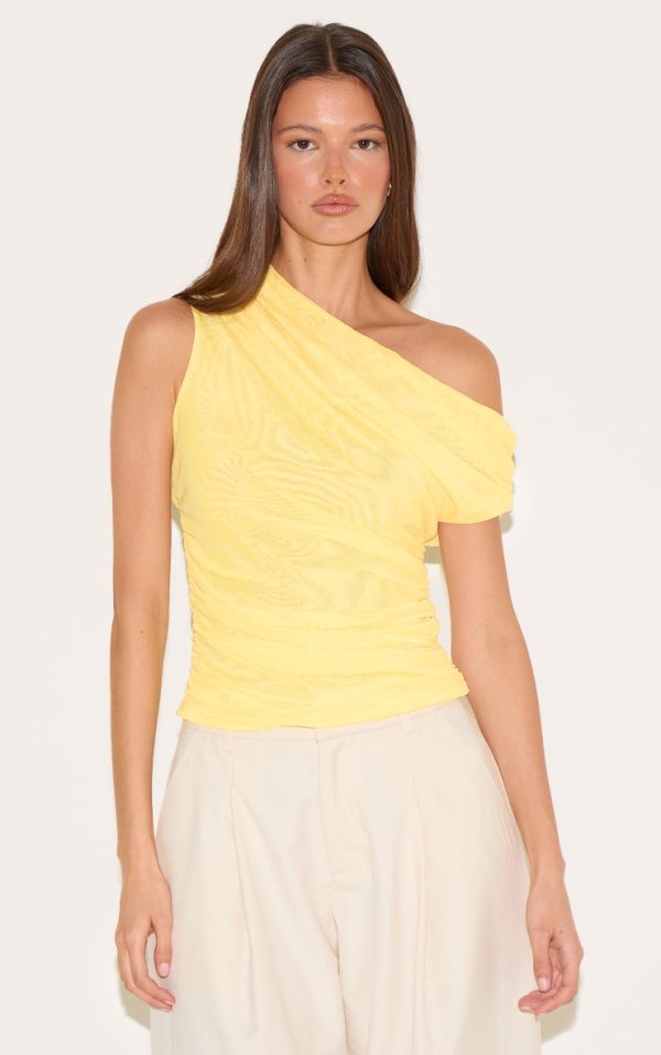 Lemon Double Layer Mesh Ruched Detail Asymmetric Top