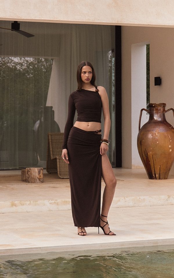 Dark Chocolate Slinky Bead Detail Ruched Maxi Skirt