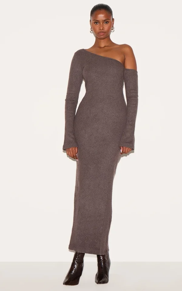 Chocolate Heavy Brushed Asymmetric Maxi Dress