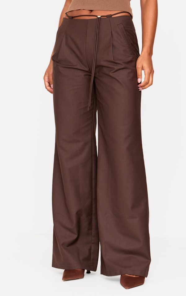 Chocolate Woven Low Rise Thin Belt Detail Straight Leg Pants