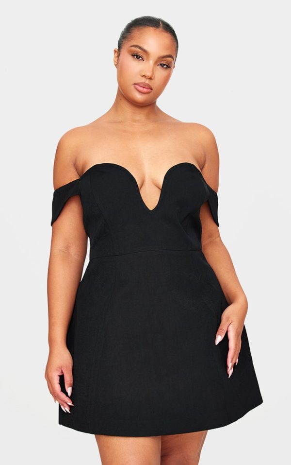 Plus Premium Black Wired Bardot Shift Dress